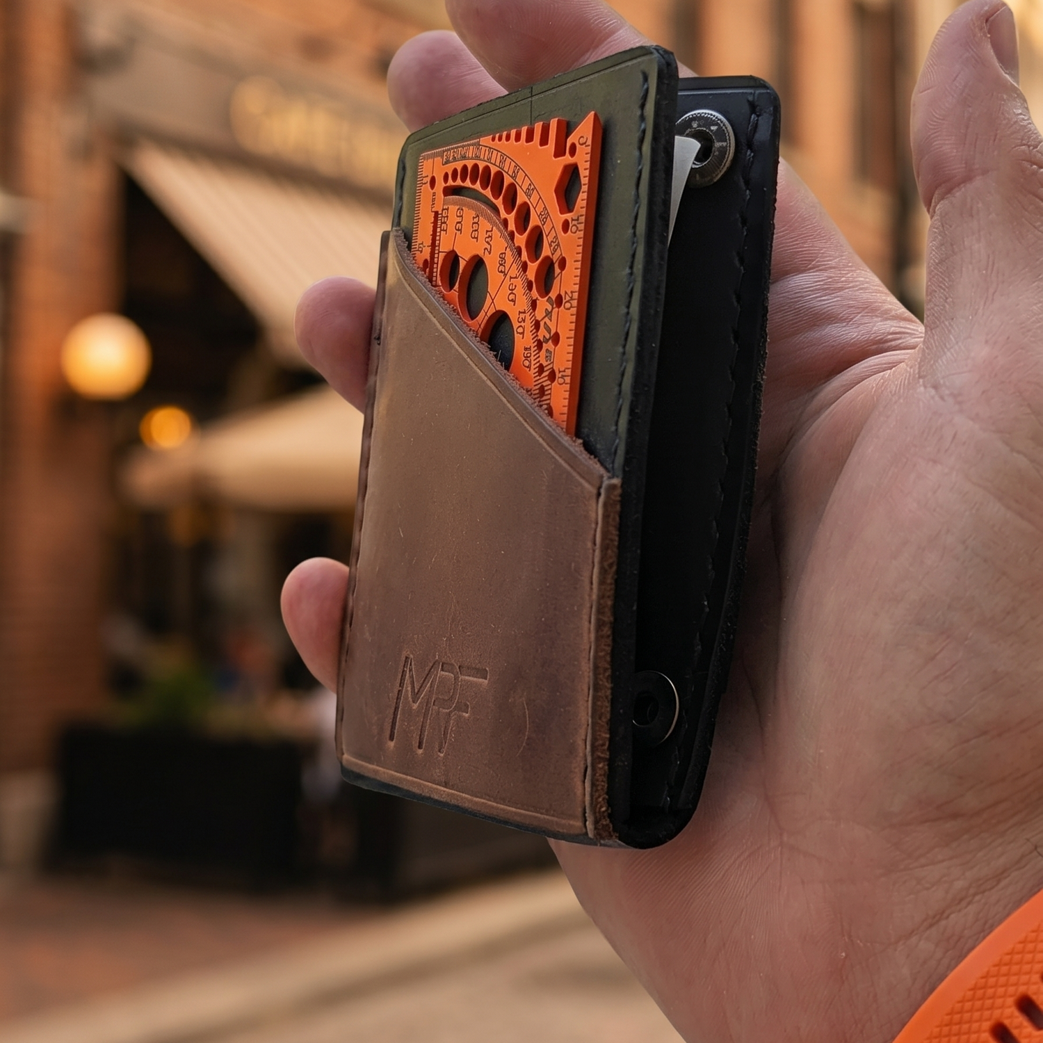 MRF Wallet top view with cards loaded — modular EDC system — Designed in Ukraine