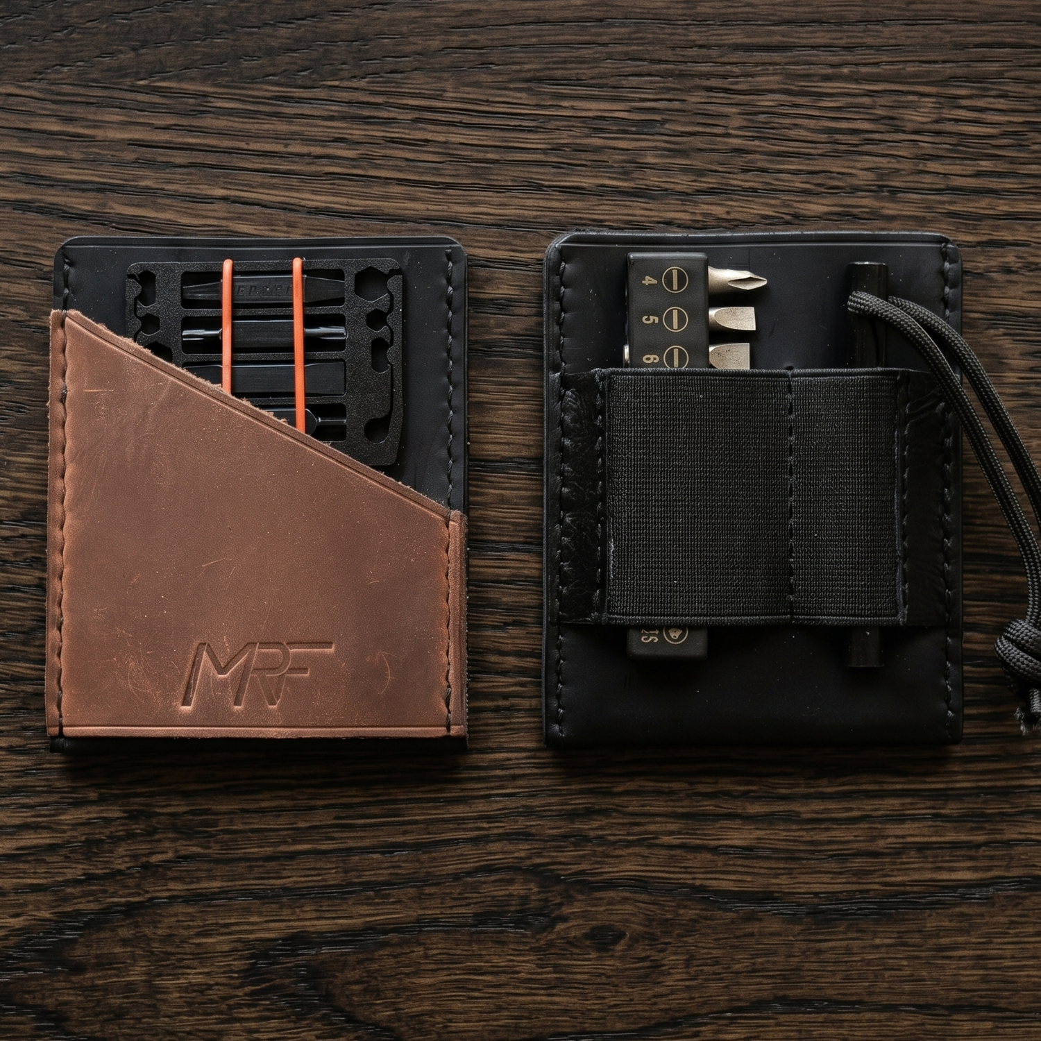 MRF Wallet open view showing modular MRF tool slots — premium leather — Designed in Ukraine