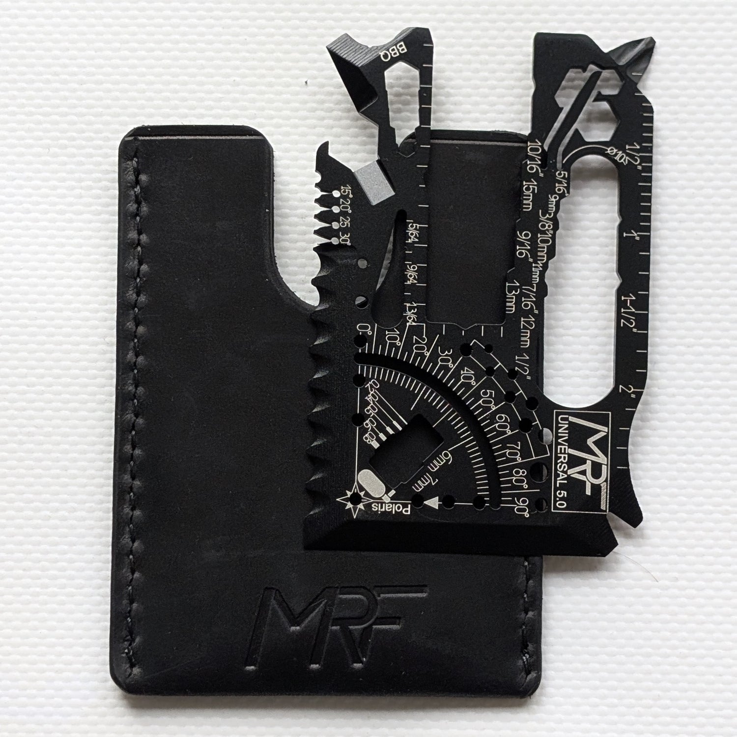 MRF leather sleeve in black full-grain leather — credit card multitool case — Designed in Ukraine
