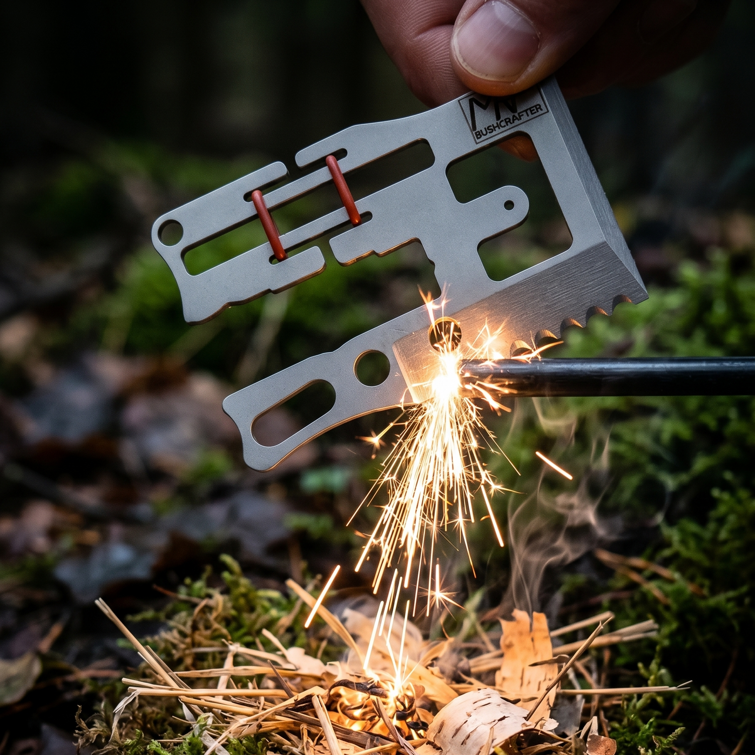 Bushcrafter survival card with fire starter detail — Designed in Ukraine